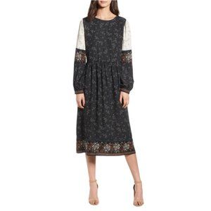 Hinge Mix Print Midi Peasant Dress in Black Dotted Sprigs Mix, L